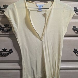 Abercrombie & Fitch Pale Yellow Ribbed Button-Front Cap Sleeve Top